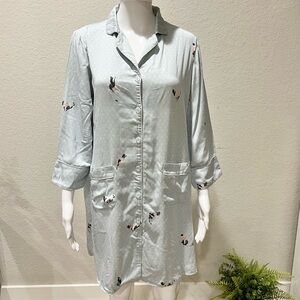Button-Down Pajama Dress with Subtle Cat Print